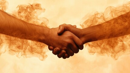 Poster - Two hands shaking against a warm, smoky background, symbolizing agreement, partnership, or collaboration.