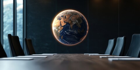 Aufkleber - A futuristic conference room featuring a floating Earth globe, symbolizing global collaboration and environmental awareness.