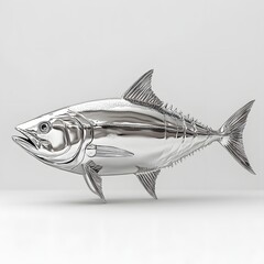 Poster - A stunning chrome fish sculpture, gleaming and reflective, showcasing modern art and design. Perfect for home decor. Isolated on white background. Chromatic Tuna Fish