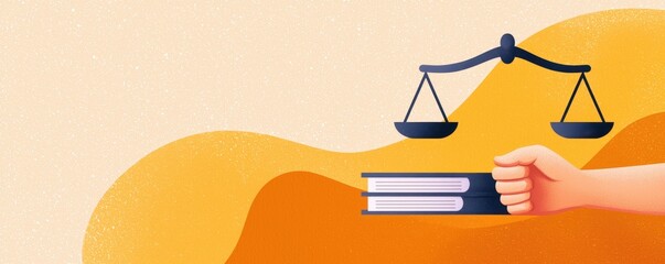 Aufkleber - A graphic representation of a hand holding books with a scale symbolizing justice, set against a colorful background.