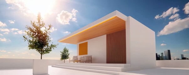Poster - A modern architectural structure with a wooden overhang, surrounded by greenery, under a bright sun against a clear sky.