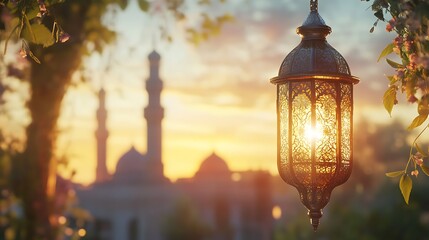 Leinwandbilder - a beautiful glowing lantern with a blurred mosque background