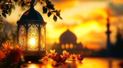 Leinwandbilder - a beautiful glowing lantern with a blurred mosque background in sunset