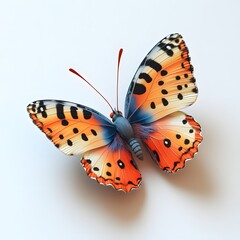 Poster - A stunning close-up of a vibrant butterfly with orange, black, and blue wings against a white background. The detail is exquisite. Isolated on white background. Adorable Baby Cute Butterfly