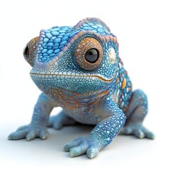 Poster - Close-up of a digitally rendered blue chameleon. Its vibrant colors and detailed textures are captivating. Isolated on white background. Adorable Baby Chameleon