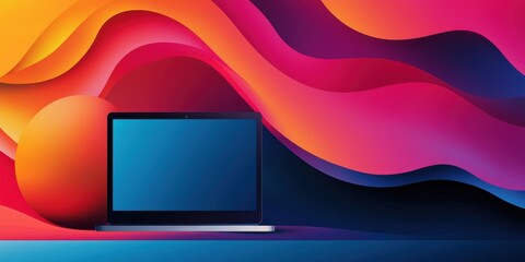 Aufkleber - A vibrant, abstract design featuring a laptop against colorful, flowing waves and shapes, creating a dynamic digital aesthetic.