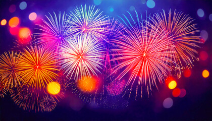 Poster - Colorful fireworks burst in the night sky during a festive celebration in a vibrant urban setting