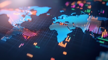 Poster - A vibrant, digital world map displaying data visualizations and analytics, highlighting global connectivity and technological advancement.