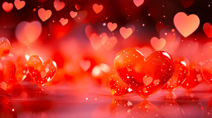 Leinwandbilder - Vibrant red hearts scattered on a shimmering surface, creating a romantic atmosphere for a special occasion