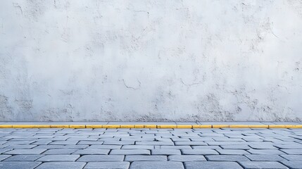 Poster - A textured gray wall with a yellow line on a cobblestone surface, creating a minimalist and modern aesthetic.