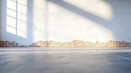 Poster - A bright, minimalist interior space with sunlight casting shadows on a concrete floor and a wall of bricks in the background.