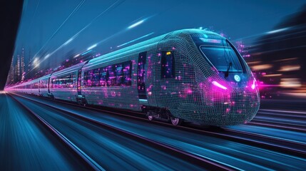 Fototapete - Futuristic high-speed train speeding through city at night.