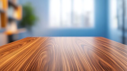 Poster - A close-up view of a polished wooden table with a blurred background, suggesting a bright and inviting indoor space.