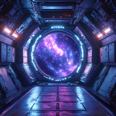 A futuristic spaceship corridor with a glowing circular portal revealing a mesmerizing purple galaxy