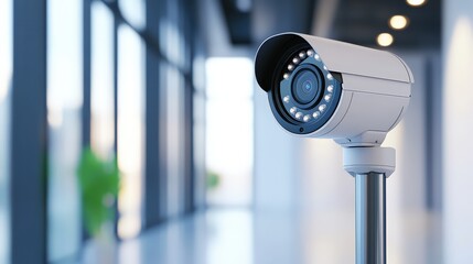 Poster - A modern security camera positioned indoors, with bright lights and a sleek design, overlooking a spacious and well-lit area.