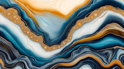 Poster - Abstract fluid art painting in blue, white, gold and ochre colors
