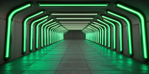 Aufkleber - Futuristic green neon lights illuminating a long corridor