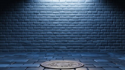 Poster - A dimly lit, textured wall with a circular manhole cover on the floor, creating a moody, urban atmosphere.