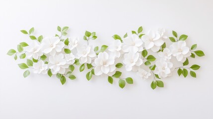 Poster - A delicate arrangement of white flowers and green leaves against a plain background, showcasing a serene and natural aesthetic.