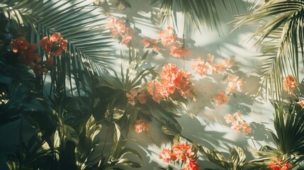 Poster - Lush Tropical Plants with Vibrant Flowers Against Soft Blue Background
