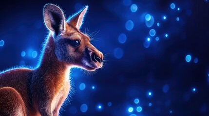 Poster - Captivating Kangaroos in Enchanting Blue Background with Sparkling Lights and Advanced Digital Effects