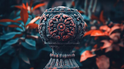 Poster - Ornate Stone Balustrade Surrounded by Vibrant Green and Red Leaves
