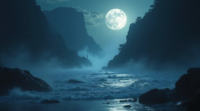 The holy river Ganga on the night of Maha Shivratri. Moonlight reflects on the water