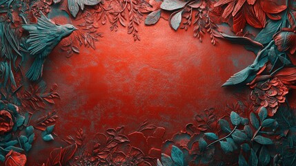 Poster - Textured Floral Design with Birds and Rich Red Background