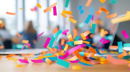 Poster - Colorful confetti falls onto a wooden surface, creating a festive and vibrant atmosphere, with blurred people in the background.