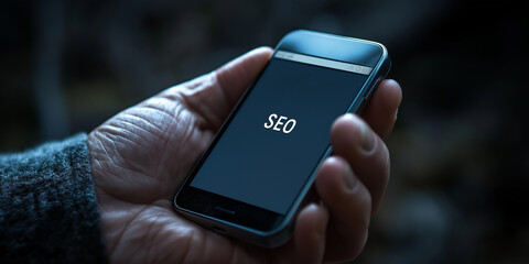 Leinwandbilder - Businessman holding smartphone showing seo on screen