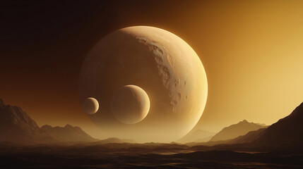Aufkleber - Three planets rising over mountainous alien landscape