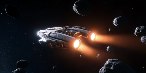Aufkleber - Futuristic spaceship flying through asteroid field in deep space