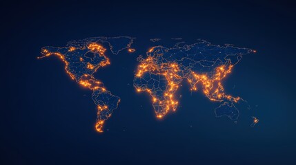 Poster - A digital map of the world illuminated by glowing connections, representing data flow or network interactions across continents.