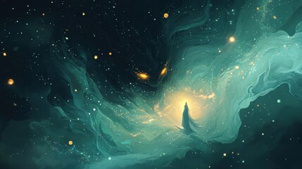 Wall Mural - a painting of a person standing in the middle of a green