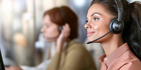 Poster - Smiling customer service representative wearing headset assisting clients
