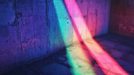 Poster - Neon light beams illuminate a grunge concrete room.