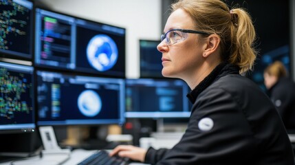 Poster - Climate Change Study Concept, Researcher Analyzing Climate Data on Multiple Computer Screens with a Focused Expression in a Modern Office Environment