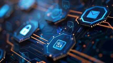 Poster - A glowing blue cyberspace background with holographic security icons, encrypted tunnels, and AI-driven firewalls protecting digital transactions and confidential business data.