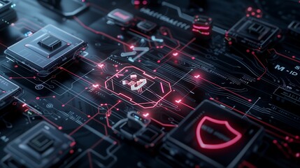 Poster - An advanced cybersecurity network with encrypted data packets traveling through glowing digital pathways, secured by firewall icons and shield symbols to represent strong data protection.