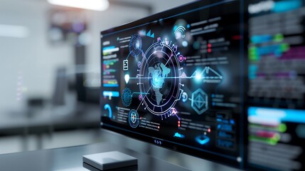 Poster - An augmented reality display of cybersecurity layers, showing multi-factor authentication, encryption protocols, and digital shields securing sensitive business information.