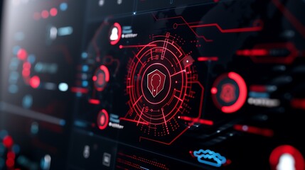 Poster - An augmented reality display of cybersecurity layers, showing multi-factor authentication, encryption protocols, and digital shields securing sensitive business information.