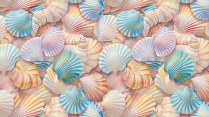 Poster - Seamless looping pattern of pastel seashells on a soft blue background.