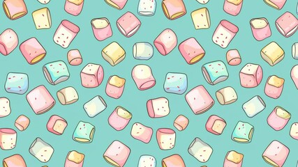 Poster - Seamless looping pattern of pastel marshmallows and candies on a blue background.