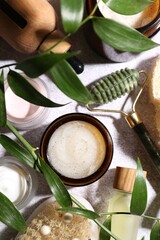 Wall Mural - flat lay composition with different body care products on light textured table