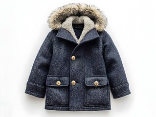 a stylish navy blue wool winter coat with a faux fur lined hood and brass buttons is shown on a whit