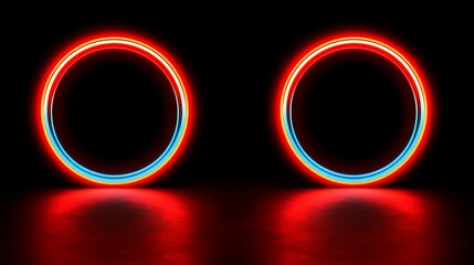 Poster - Double Neon Circles Glowing with Vibrant Red and Blue Reflecting on a Dark Surface Illustration