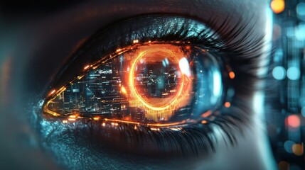 Poster - Close-up view of a futuristic eye with a glowing circular design, reflecting a cityscape, symbolizing technology and vision