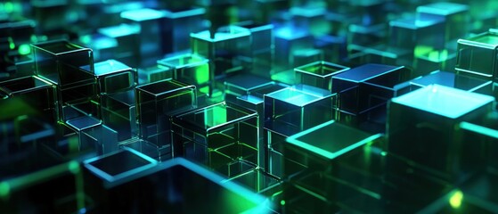 Poster - abstract green and blue geometric shapes in 3d space