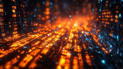 Abstract futuristic background with glowing binary code on dark surface, perfect for technology, data or digital business presentations and websites
