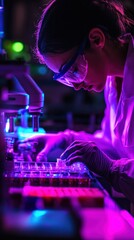 Poster - A focused scientist in a lab, analyzing samples under colorful lighting, showcasing advanced research in a modern setting